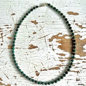 Simple Semi Precious Malachite & Matte Gold Tone Beaded Necklace